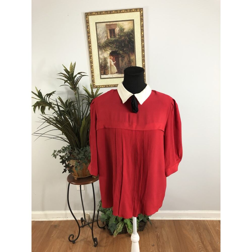 Women's Vintage 16 Virgo II Red Peter Pan Pointed Blouse Pleated Front Button